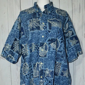 NAUTICA Blue Seashell Hawaiian Short Sleeve Button